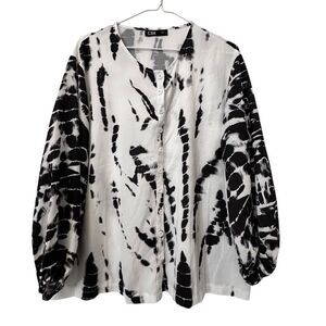 CBR Tie Dye Crew Neck Puff Long Sleeve Button Front Shirt Black White Large